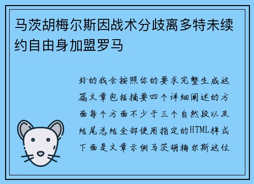 马茨胡梅尔斯因战术分歧离多特未续约自由身加盟罗马