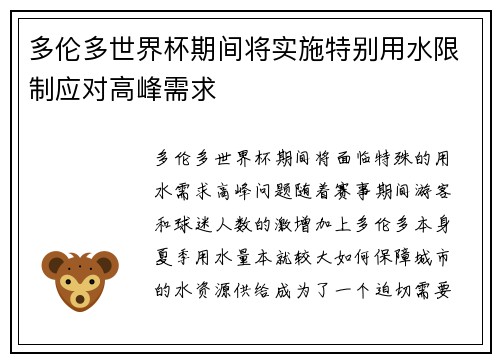 多伦多世界杯期间将实施特别用水限制应对高峰需求