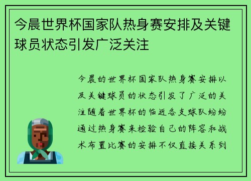 今晨世界杯国家队热身赛安排及关键球员状态引发广泛关注